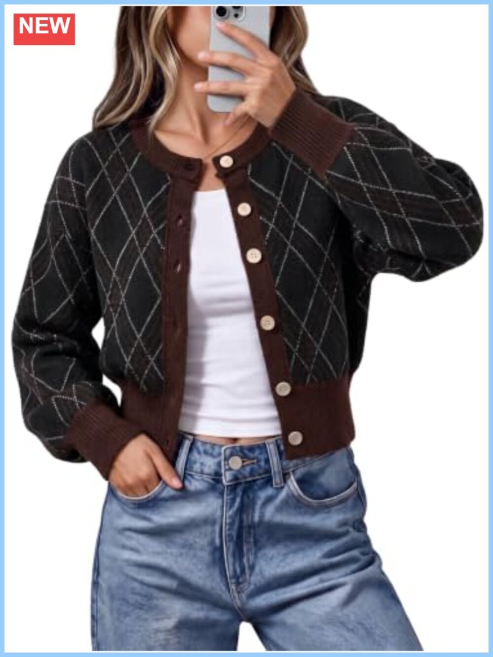 Cropped Argyle Plaid Cardigan Sweater Button Down Preppy Women